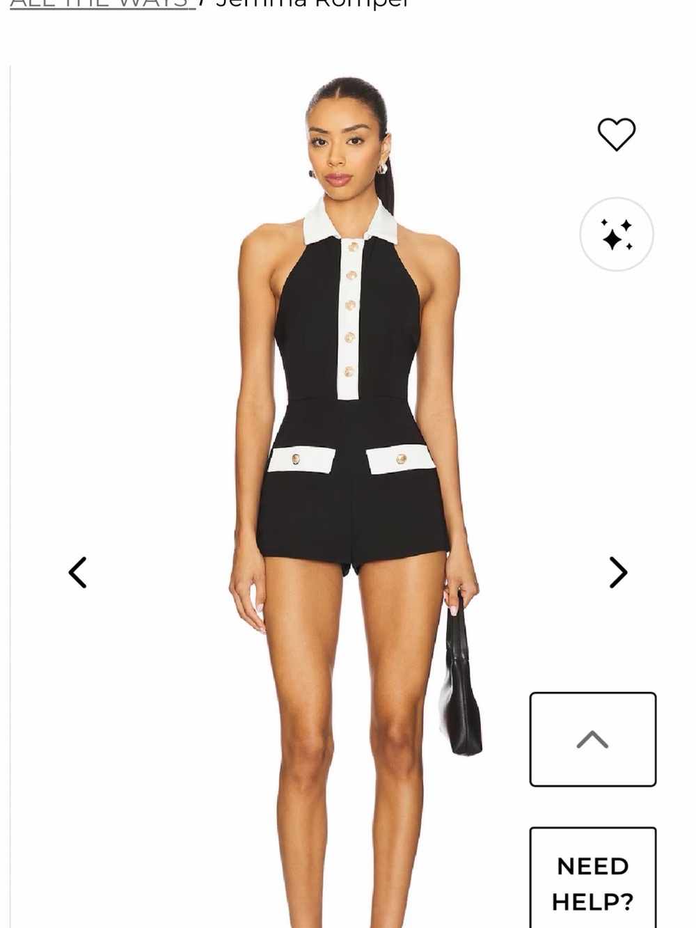 REVOLVE Black and White Halter Romper with Gold Buttons